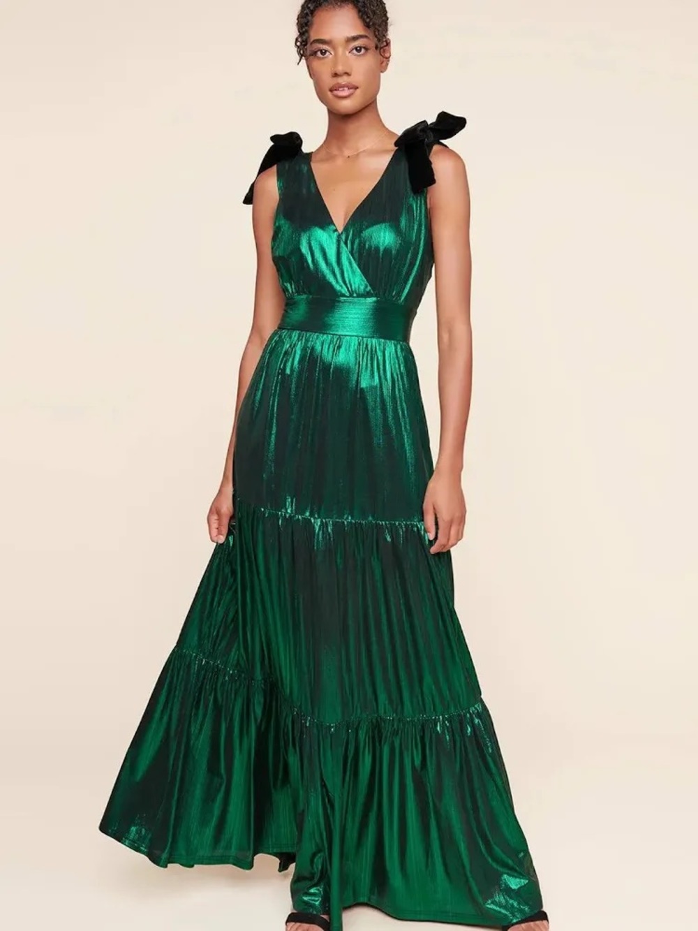 NWT Liquid Satin Emerald Green Metallic V-Neck Maxi Dress - Picture 4 of 8